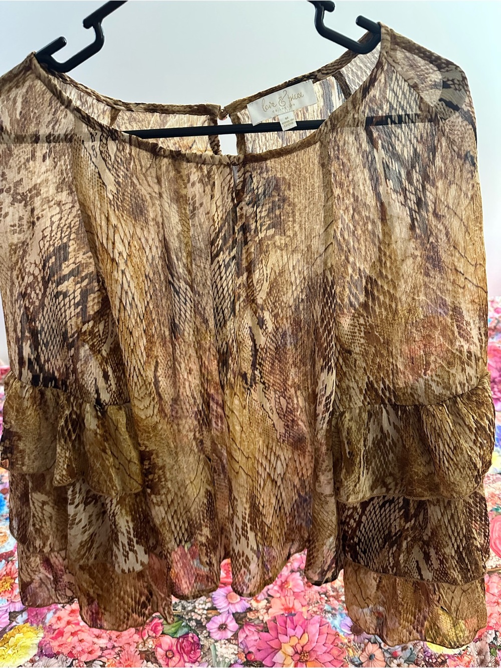 Tiered Ruffle Sleeve Snake Print Sheer Boho Blouse